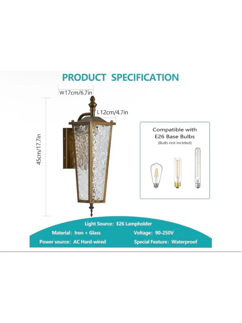 NEW Outdoor Wall Light Fixture Gold Waterproof Patio Sconce Lantern 16.7”